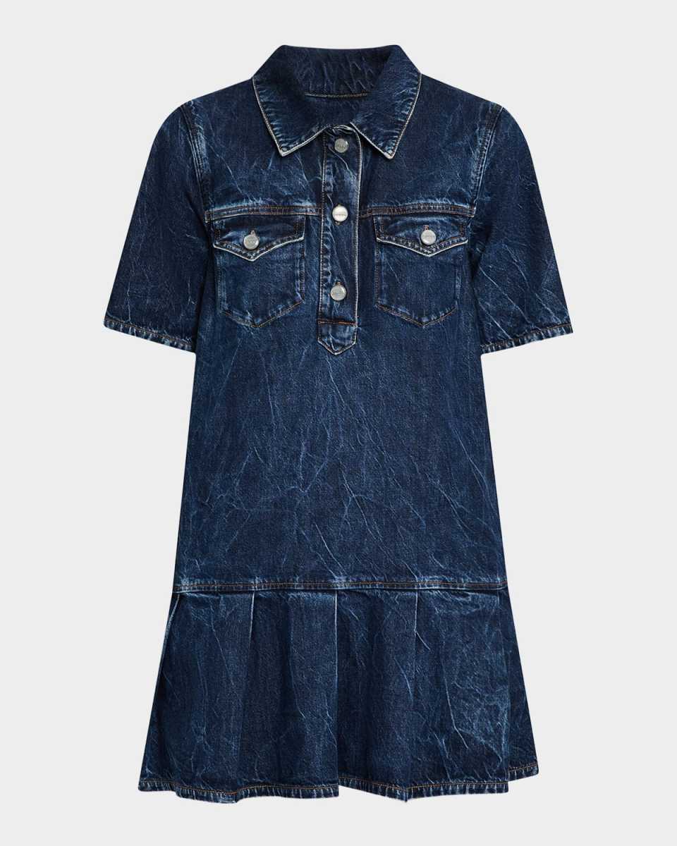 Short-Sleeve Crinkled Denim Mini Dress